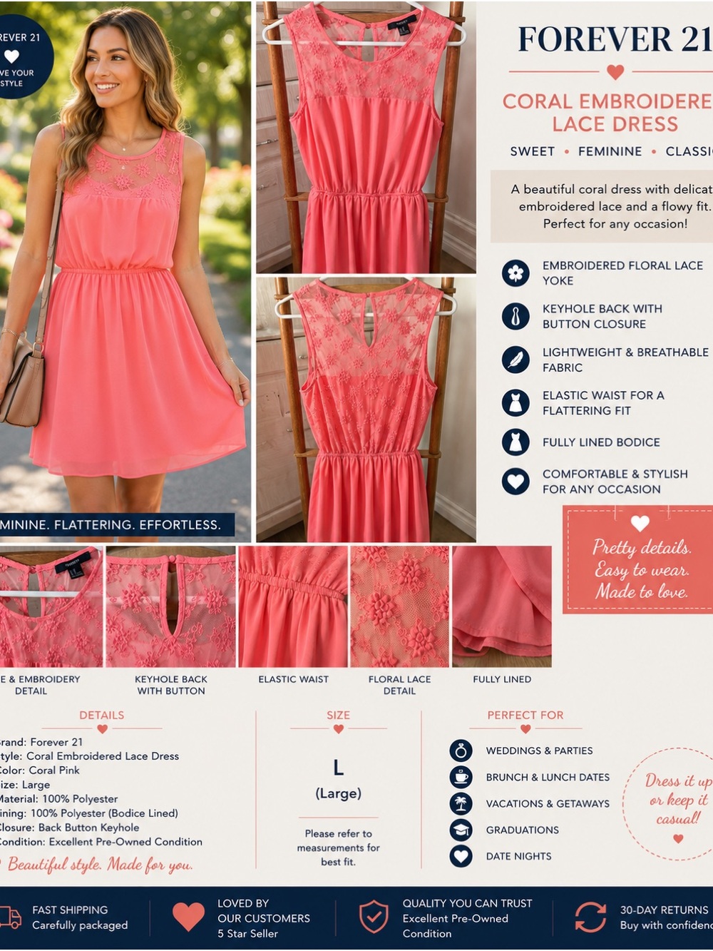 Forever 21 Coral Pink Embroidered Lace Mini Dress